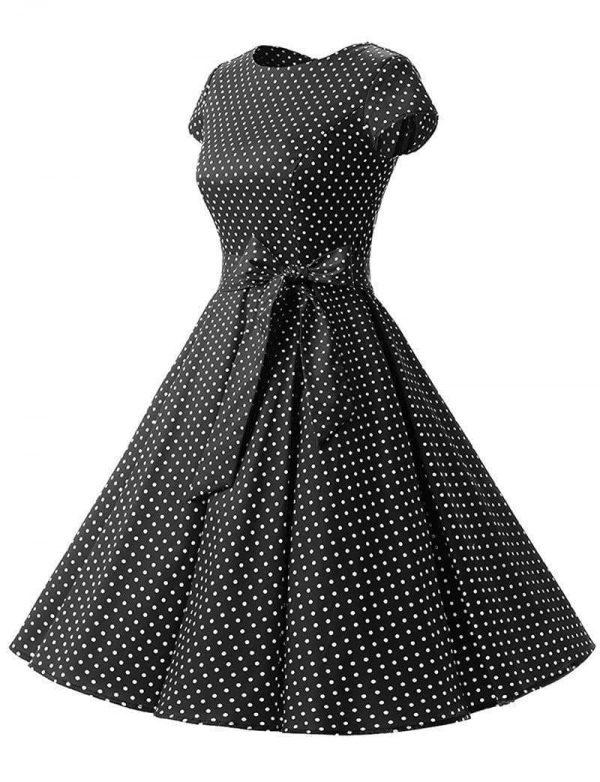 The Best Women Dress Vintage Printed Dot A-Line O-Neck Bow Sashes Online - Source Silk