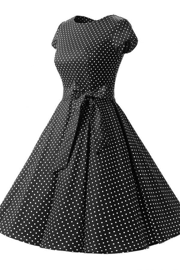 The Best Women Dress Vintage Printed Dot A-Line O-Neck Bow Sashes Online - Source Silk