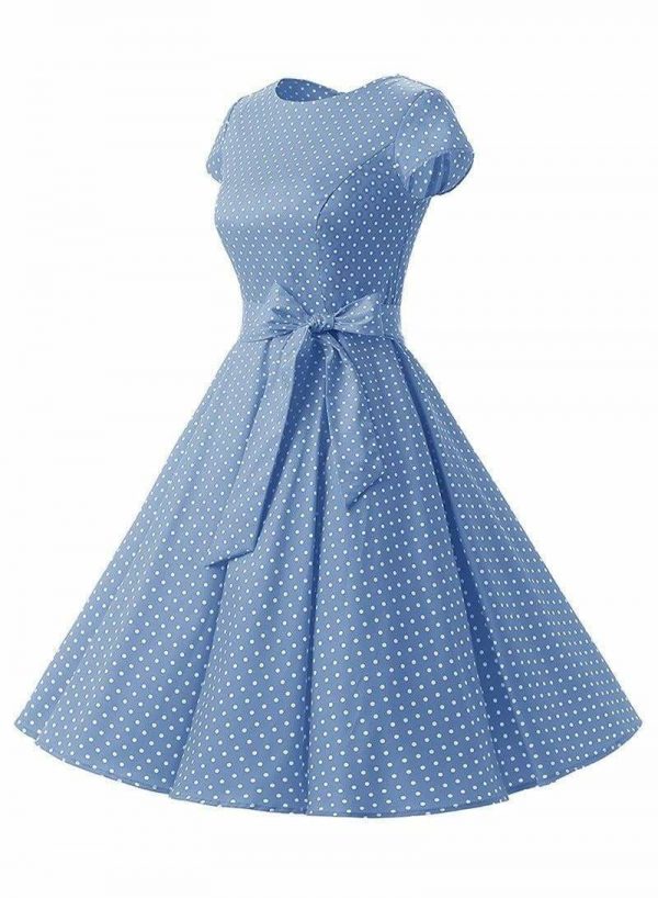 The Best Women Dress Vintage Printed Dot A-Line O-Neck Bow Sashes Online - Source Silk