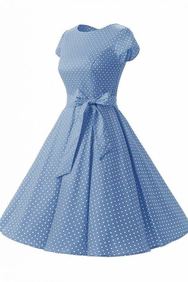 The Best Women Dress Vintage Printed Dot A-Line O-Neck Bow Sashes Online - Source Silk