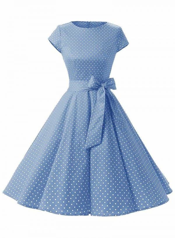 The Best Women Dress Vintage Printed Dot A-Line O-Neck Bow Sashes Online - Source Silk