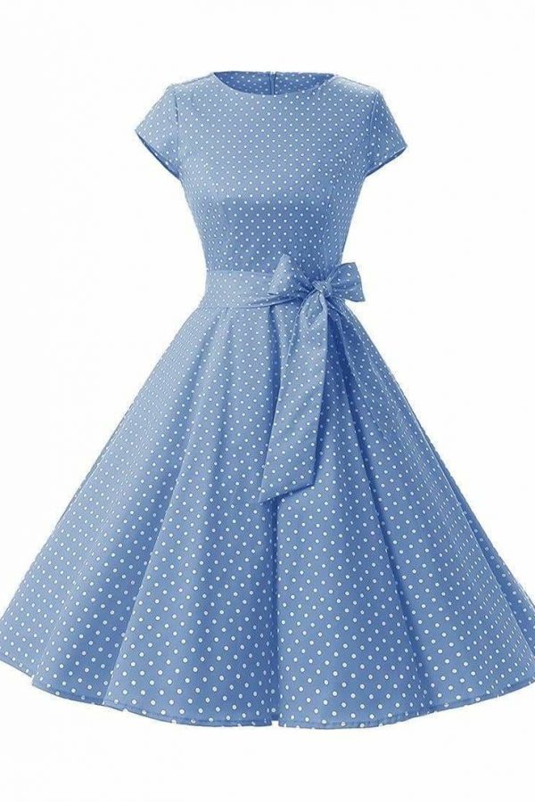 The Best Women Dress Vintage Printed Dot A-Line O-Neck Bow Sashes Online - Source Silk