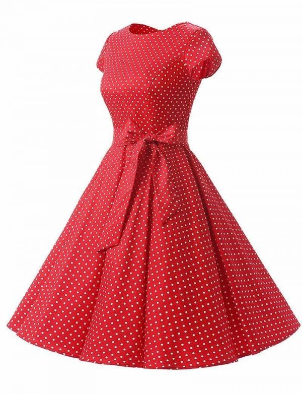 The Best Women Dress Vintage Printed Dot A-Line O-Neck Bow Sashes Online - Source Silk