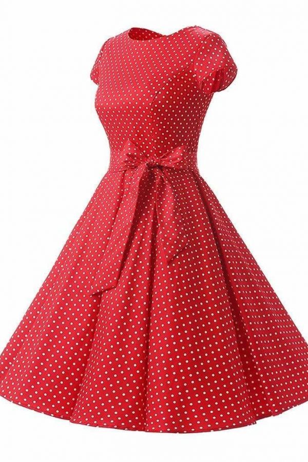 The Best Women Dress Vintage Printed Dot A-Line O-Neck Bow Sashes Online - Source Silk