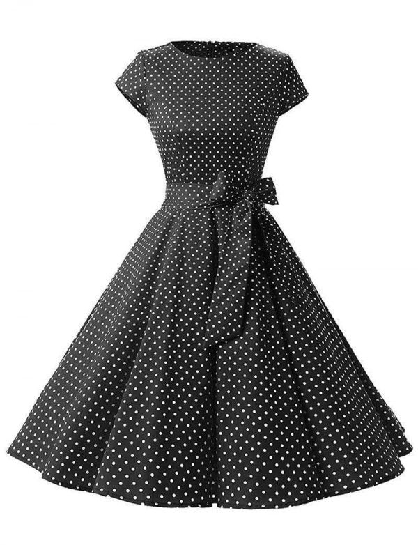 The Best Women Dress Vintage Printed Dot A-Line O-Neck Bow Sashes Online - Source Silk