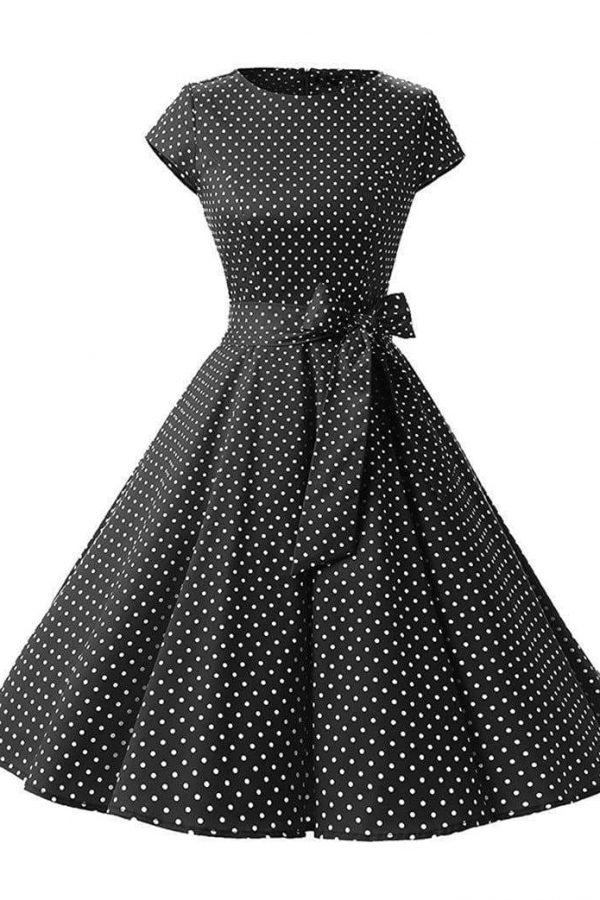 The Best Women Dress Vintage Printed Dot A-Line O-Neck Bow Sashes Online - Source Silk