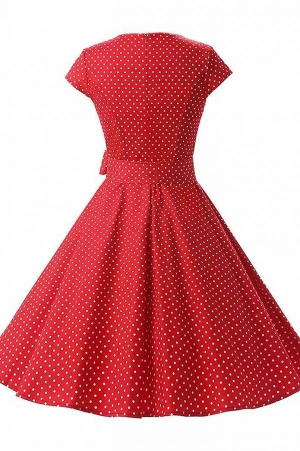 The Best Women Dress Vintage Printed Dot A-Line O-Neck Bow Sashes Online - Source Silk