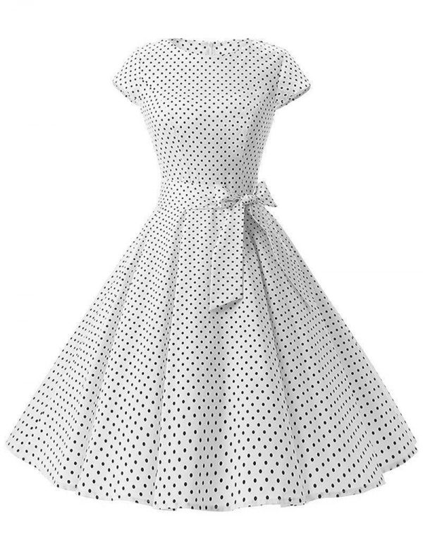 The Best Women Dress Vintage Printed Dot A-Line O-Neck Bow Sashes Online - Source Silk