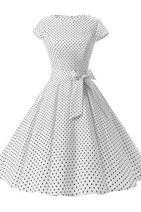 The Best Women Dress Vintage Printed Dot A-Line O-Neck Bow Sashes Online - Source Silk