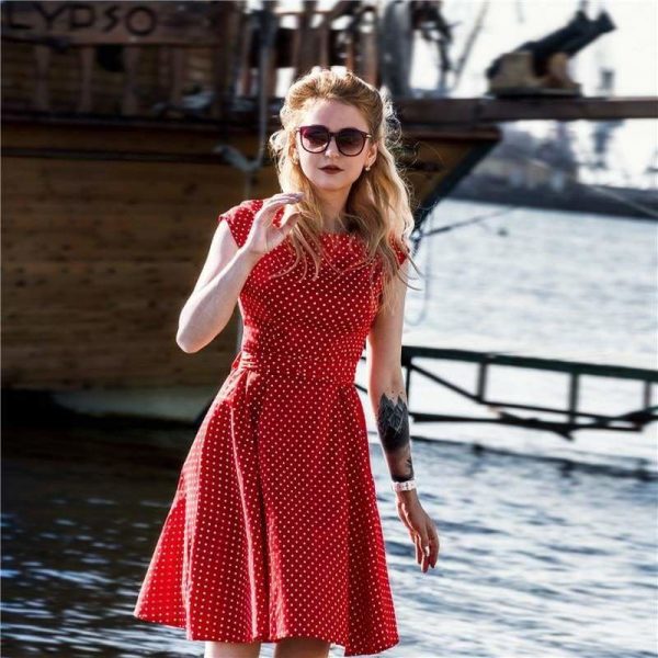 The Best Women Dress Vintage Printed Dot A-Line O-Neck Bow Sashes Online - Source Silk