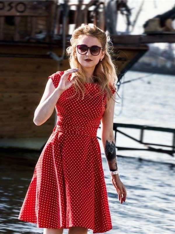 The Best Women Dress Vintage Printed Dot A-Line O-Neck Bow Sashes Online - Source Silk