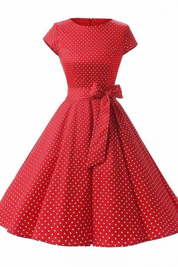 The Best Women Dress Vintage Printed Dot A-Line O-Neck Bow Sashes Online - Source Silk