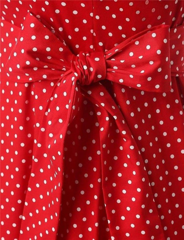 The Best Women Dress Vintage Printed Dot A-Line O-Neck Bow Sashes Online - Source Silk