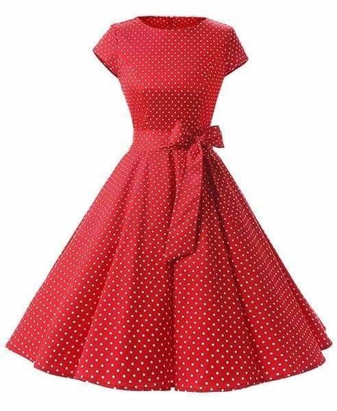 The Best Women Dress Vintage Printed Dot A-Line O-Neck Bow Sashes Online - Source Silk