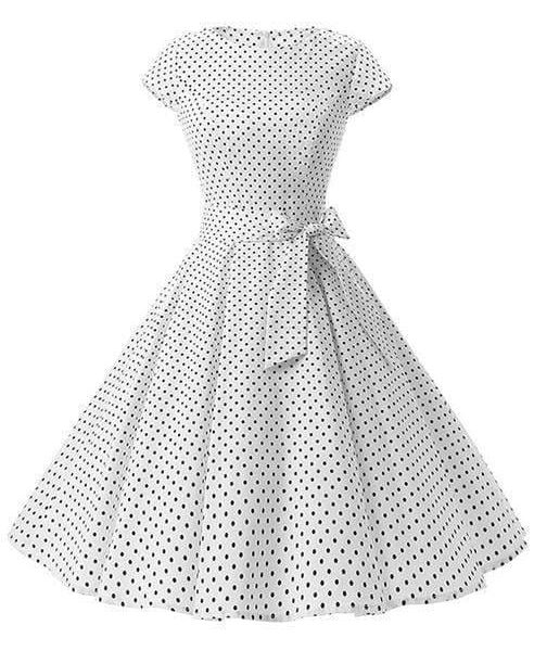 The Best Women Dress Vintage Printed Dot A-Line O-Neck Bow Sashes Online - Source Silk