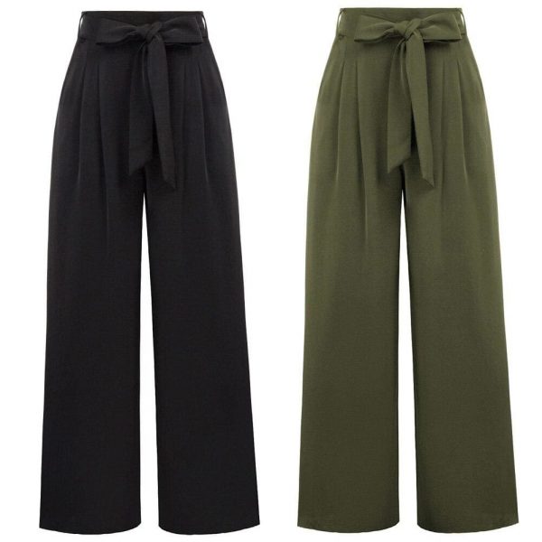 The Best Women Elastic High Waist Casual Belt Trousers  Straight Leg Long Pants Online - Takalr