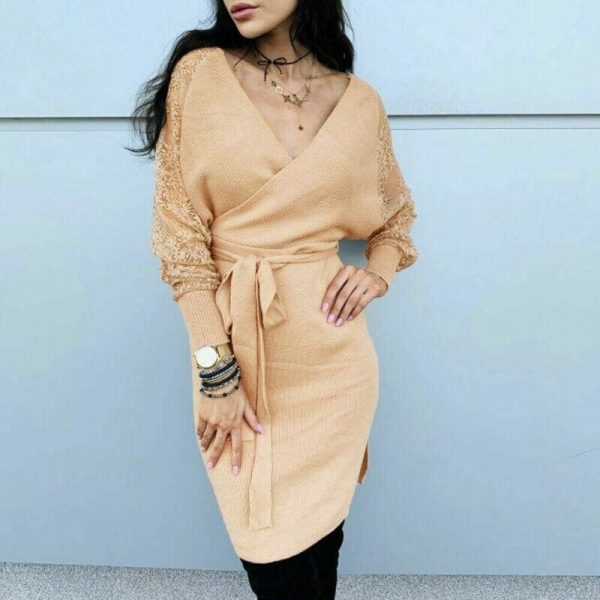 The Best Women Elegant Knitted Pencil Dress New Woolen Split Dress Lace Long Sleeve V Neck Party Clubwear Belt Autumn Winter Lady Online - Takalr