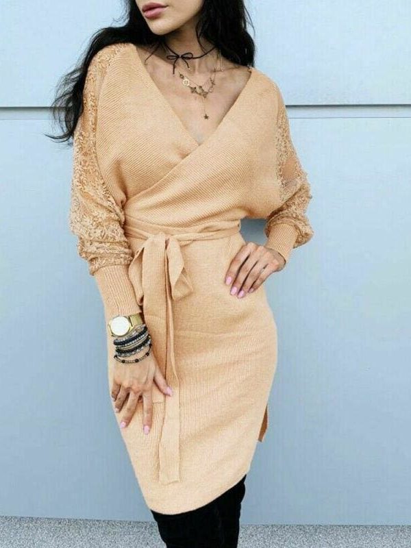 The Best Women Elegant Knitted Pencil Dress New Woolen Split Dress Lace Long Sleeve V Neck Party Clubwear Belt Autumn Winter Lady Online - Takalr