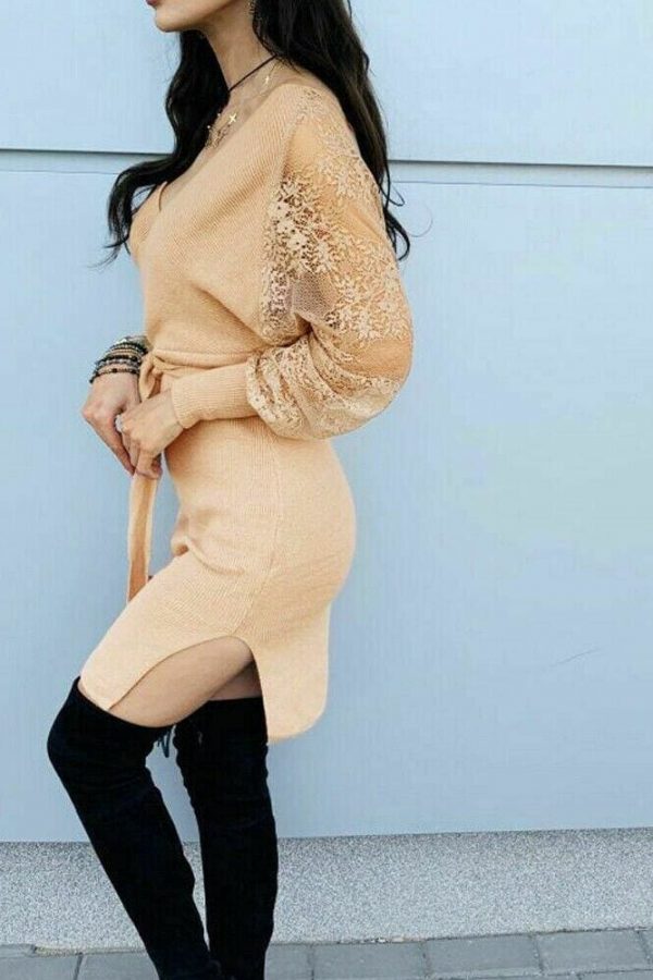 The Best Women Elegant Knitted Pencil Dress New Woolen Split Dress Lace Long Sleeve V Neck Party Clubwear Belt Autumn Winter Lady Online - Takalr