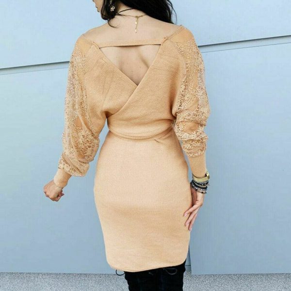 The Best Women Elegant Knitted Pencil Dress New Woolen Split Dress Lace Long Sleeve V Neck Party Clubwear Belt Autumn Winter Lady Online - Takalr