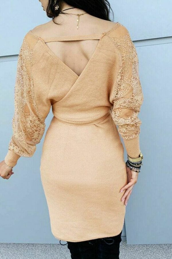 The Best Women Elegant Knitted Pencil Dress New Woolen Split Dress Lace Long Sleeve V Neck Party Clubwear Belt Autumn Winter Lady Online - Takalr