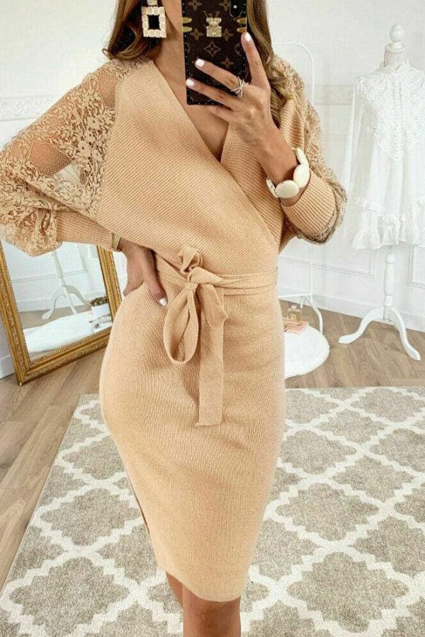 The Best Women Elegant Knitted Pencil Dress New Woolen Split Dress Lace Long Sleeve V Neck Party Clubwear Belt Autumn Winter Lady Online - Takalr