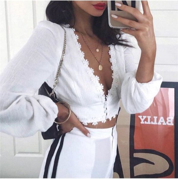 The Best Women Elegant Long Sleeve Lace Crop Top Floral T Shirt New Fashion Ladies Boho Summer Beach HolidayTops Online - Takalr