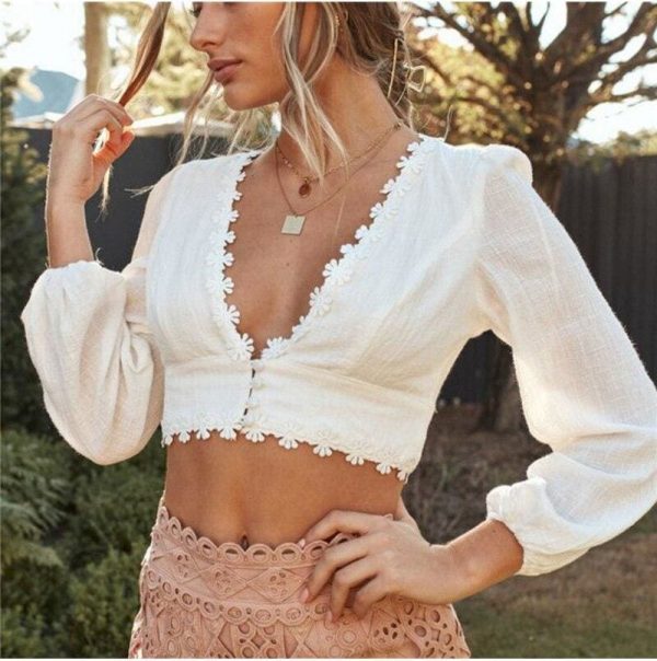 The Best Women Elegant Long Sleeve Lace Crop Top Floral T Shirt New Fashion Ladies Boho Summer Beach HolidayTops Online - Takalr