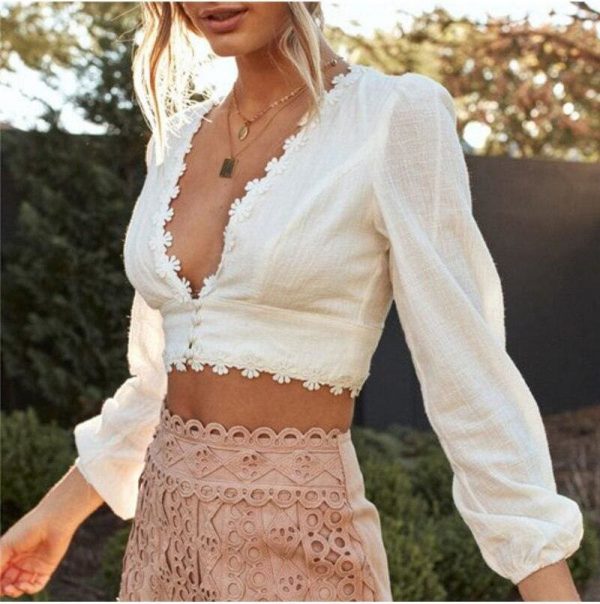 The Best Women Elegant Long Sleeve Lace Crop Top Floral T Shirt New Fashion Ladies Boho Summer Beach HolidayTops Online - Takalr