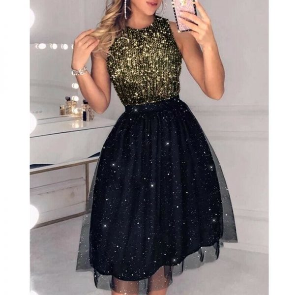 The Best Women Elegant Mesh Sleeveless Sequins Dress Summer Evening Party Dresses Online - Takalr