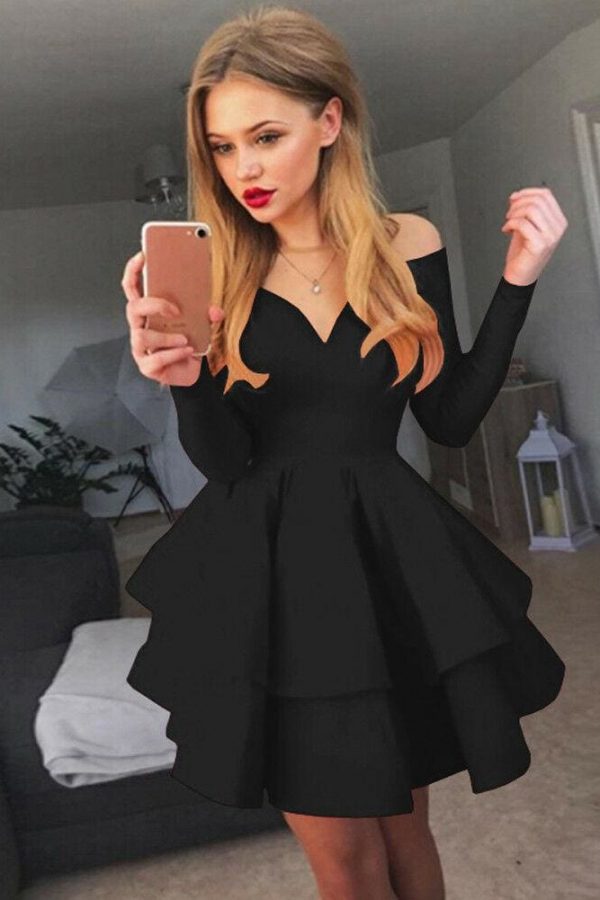 The Best Women Evening Party Cascading Ruffle Dress Ladies Off Shoulder Slim V-Neck Mini Solid Long Sleeves Bodycon Clubwear Dress Online - Takalr