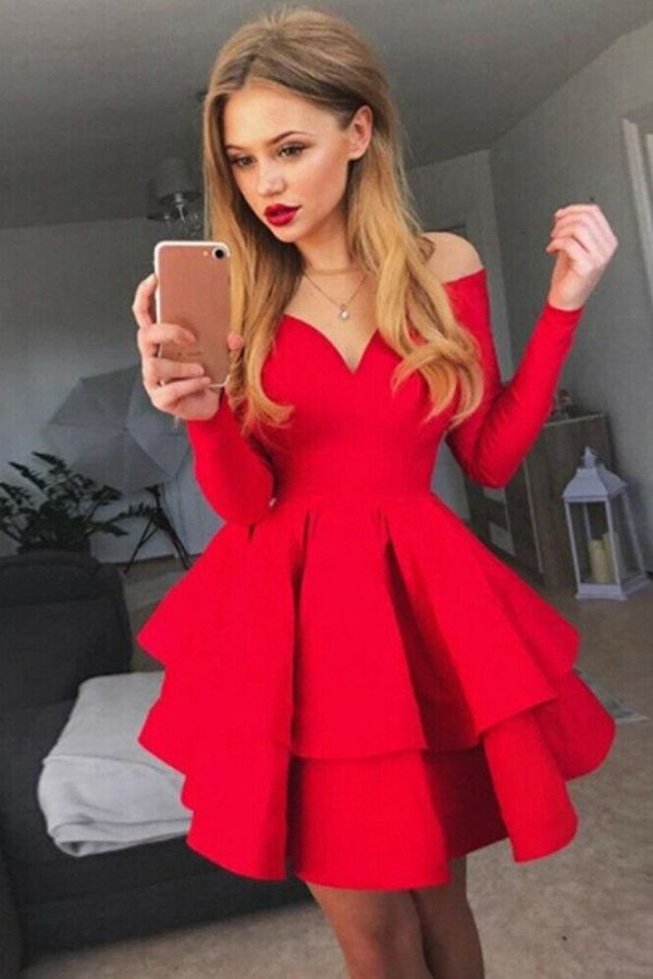 The Best Women Evening Party Cascading Ruffle Dress Ladies Off Shoulder Slim V-Neck Mini Solid Long Sleeves Bodycon Clubwear Dress Online - Takalr