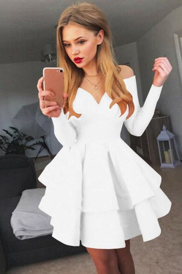 The Best Women Evening Party Cascading Ruffle Dress Ladies Off Shoulder Slim V-Neck Mini Solid Long Sleeves Bodycon Clubwear Dress Online - Takalr