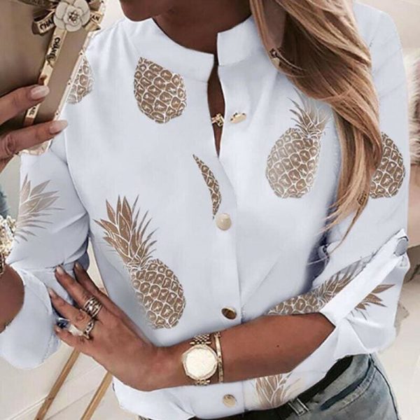 The Best Women Fashion Crew Neck Long Sleeve Office Lady Summer Blouse Shirt Women Pineapple Floral Casual Shirts Top Online - Takalr