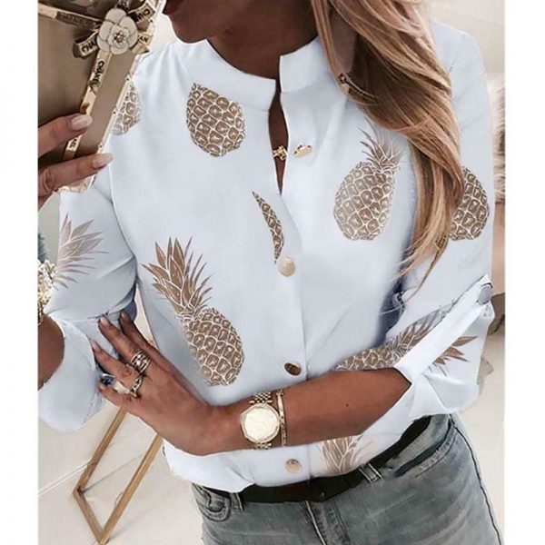 The Best Women Fashion Crew Neck Long Sleeve Office Lady Summer Blouse Shirt Women Pineapple Floral Casual Shirts Top Online - Takalr