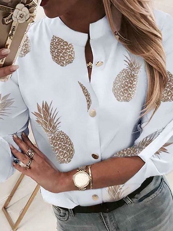 The Best Women Fashion Crew Neck Long Sleeve Office Lady Summer Blouse Shirt Women Pineapple Floral Casual Shirts Top Online - Takalr