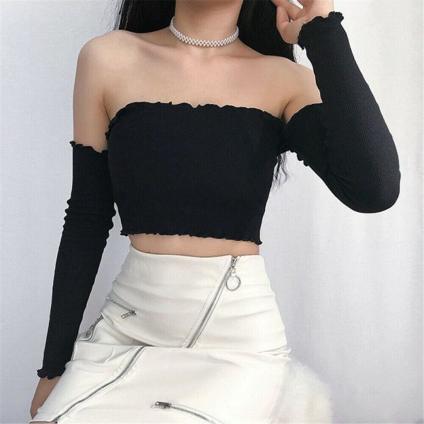 The Best Women Fashion Crop Top Off Shoulder Slash Neck Frill Long Sleeve Knitted Holiday Beach Club Party Tops T-shirts Online - Takalr