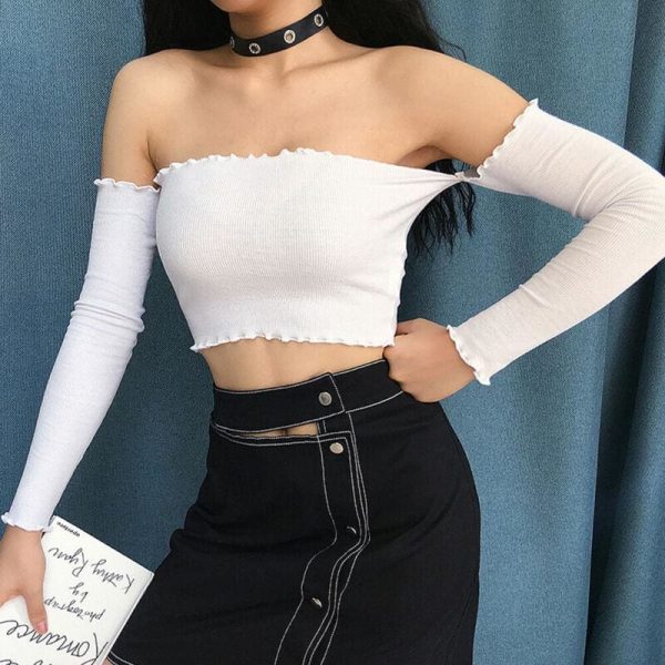 The Best Women Fashion Crop Top Off Shoulder Slash Neck Frill Long Sleeve Knitted Holiday Beach Club Party Tops T-shirts Online - Takalr