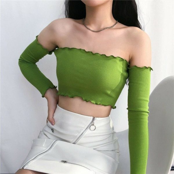 The Best Women Fashion Crop Top Off Shoulder Slash Neck Frill Long Sleeve Knitted Holiday Beach Club Party Tops T-shirts Online - Takalr