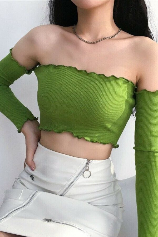 The Best Women Fashion Crop Top Off Shoulder Slash Neck Frill Long Sleeve Knitted Holiday Beach Club Party Tops T-shirts Online - Takalr