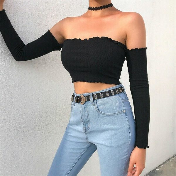 The Best Women Fashion Crop Top Off Shoulder Slash Neck Frill Long Sleeve Knitted Holiday Beach Club Party Tops T-shirts Online - Takalr