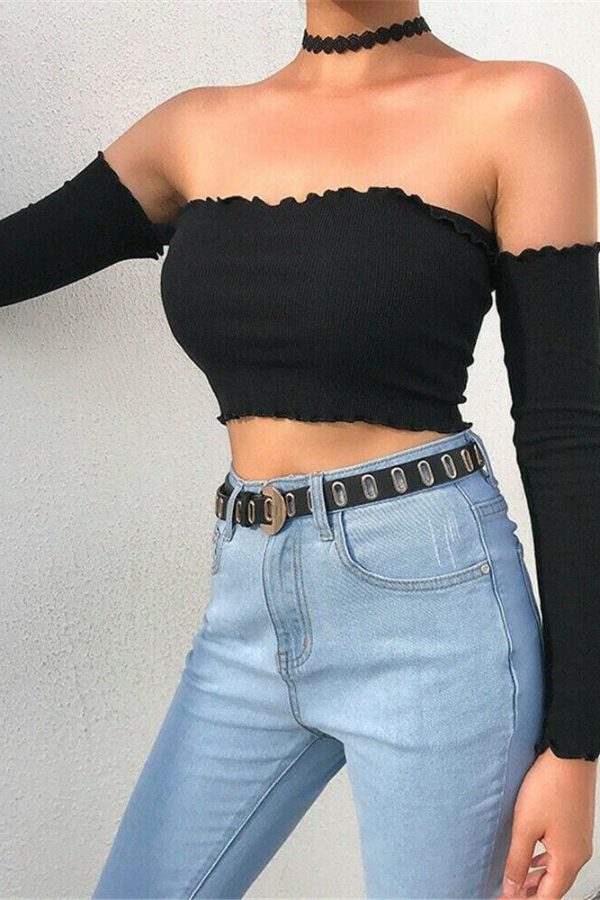 The Best Women Fashion Crop Top Off Shoulder Slash Neck Frill Long Sleeve Knitted Holiday Beach Club Party Tops T-shirts Online - Takalr