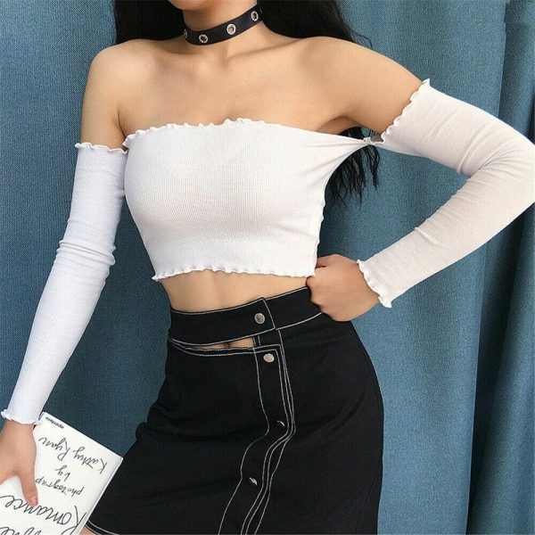 The Best Women Fashion Crop Top Off Shoulder Slash Neck Frill Long Sleeve Knitted Holiday Beach Club Party Tops T-shirts Online - Takalr