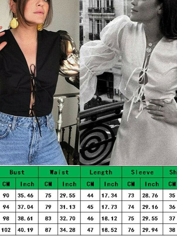 The Best Women Fashion Lace Mesh Sheer See-through Puff Long Sleeve Tops Shirts Lace Up V neck Casual Holiday Blouse Online - Takalr