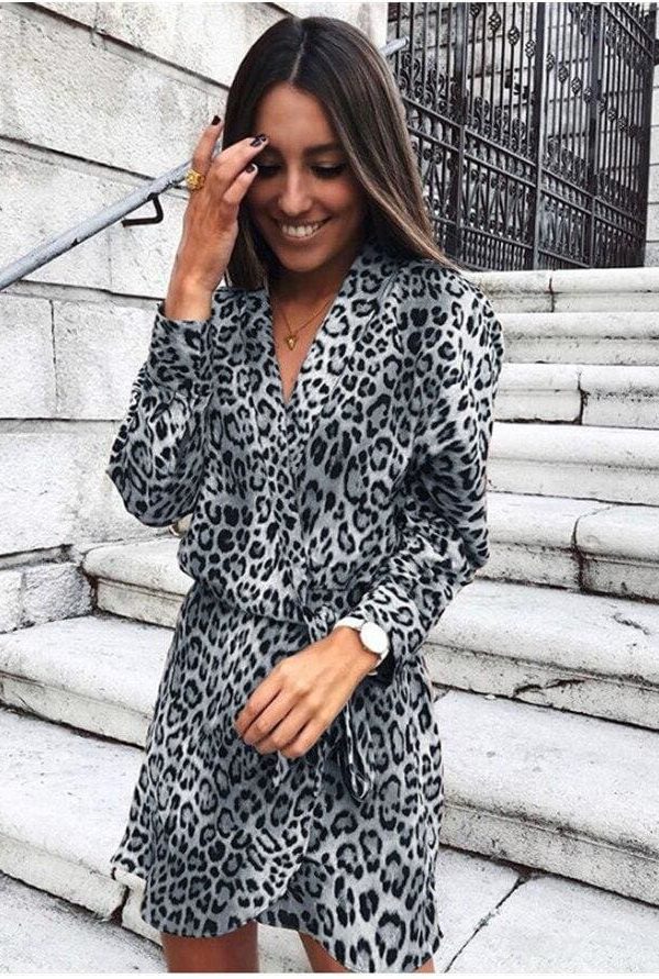 The Best Women Fashion Leopard Loose Mini Dress Elegant Long Sleeve V Neck Ladies party Club Streetwear Dames Autumn Clothes Online - Takalr