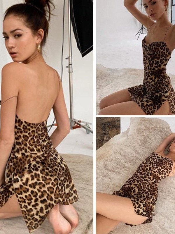 The Best Women Fashion Leopard Print Slip Dress Summer Holiday Beach Bodycon Party Strappy Backless Mini Dresses Sundress Online - Takalr