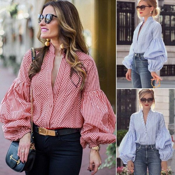 The Best Women Fashion Long Puff Sleeve Blouse Formal Pullover Jumper Crop Tops Casual Loose Stripes Shirt Women Clothing Online - Takalr