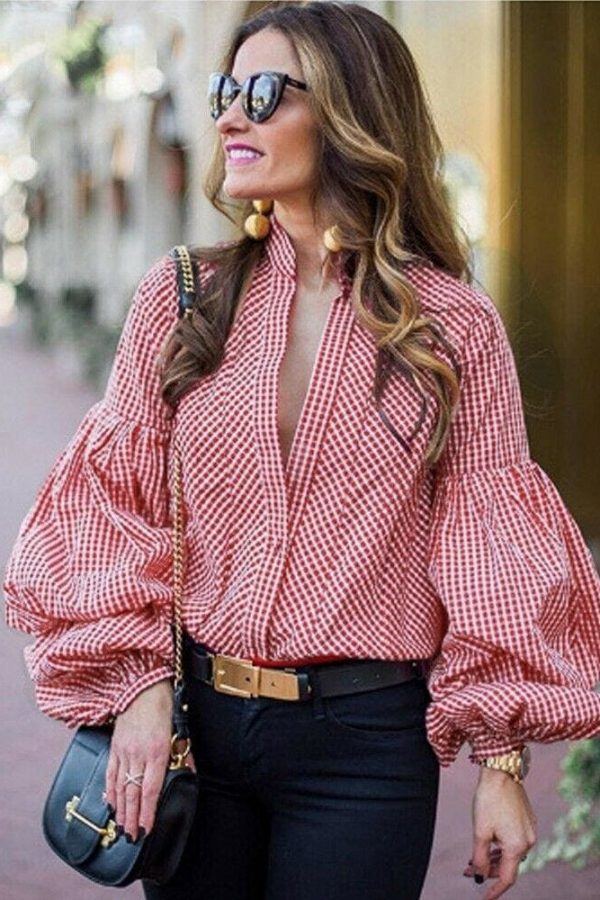 The Best Women Fashion Long Puff Sleeve Blouse Formal Pullover Jumper Crop Tops Casual Loose Stripes Shirt Women Clothing Online - Takalr