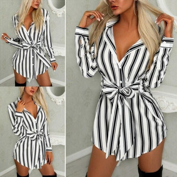 The Best Women Fashion Long Shirt Dress Ladies V-neck Striped Print Casual Summer Mini Dress Short Mini Dress Online - Takalr