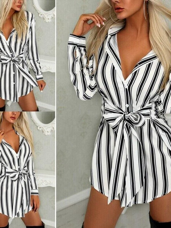 The Best Women Fashion Long Shirt Dress Ladies V-neck Striped Print Casual Summer Mini Dress Short Mini Dress Online - Takalr